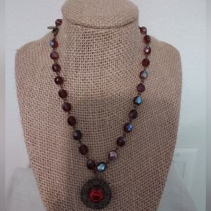 VTG Anne Koplik Legacy Heirloom Handmade 18" Beaded Necklace Red Crystal Pendant